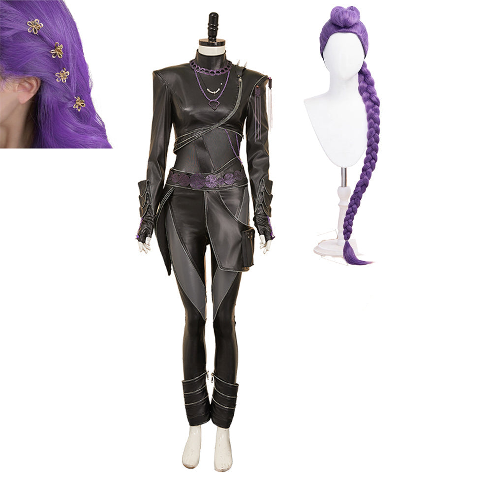 HUNTRIX Rumi schwarz Kostüm Set Kpop Demon Hunters Rumi Cosplay Outfits mit Perücke und Kopfschmuck