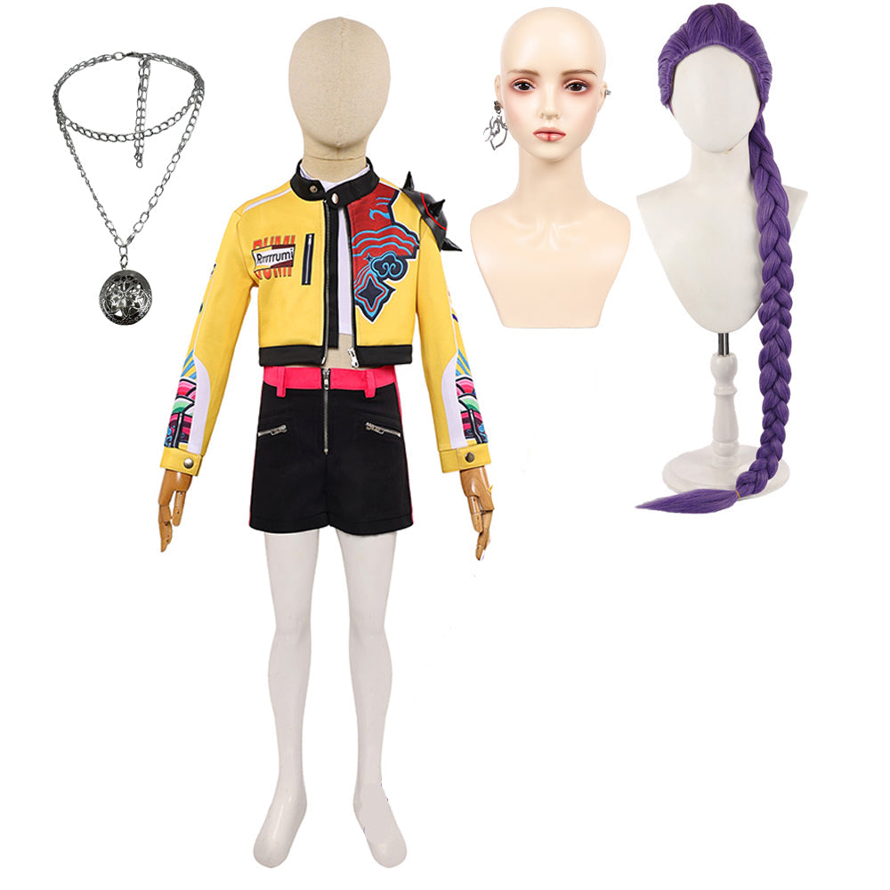 Huntrix Rumi Kinder K-Pop: Demon Hunters Rumi gelb Cosplay Outfits Ohrringe Halskette Perücke