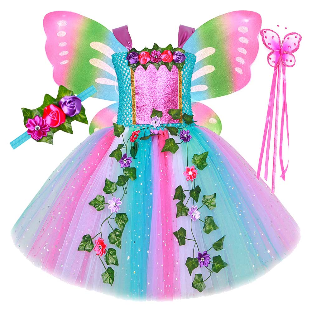 Kinder Mädchen Feenkleid Mesh Prinzessin TUTU Rock Schmetterlingsflügel Flauschiger Rock Cosplay Kostüm Outfits Halloween Karneval Anzug 