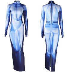 Körperdruck Kleid Langärmliges Stretchiges Midikleid Y2k 3D Körperdruck Maxikleid Cosplay Kostüm Outfits Halloween Karneval Anzug