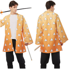 Demon Slayer Agatsuma Zenitsu Cosplay Kostüme Halloween Karneval Haori mit Ohrringe