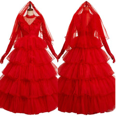 Beetle Juice Lydia Cosplay Kostüm Rot Brautkleid Halloween Karneval Kleid