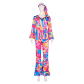 Damen Hippie Disco Cosplay KostĂŒm Oberteil Hose Stirnband Outfits Halloween Karneval Verkleidung Party