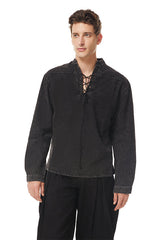 Mittelalterlicher Herren Gothic Retro-T-Shirt Schnürung V-Ausschnitt Baumwolle Langarm-T-Shirts Lose Tops