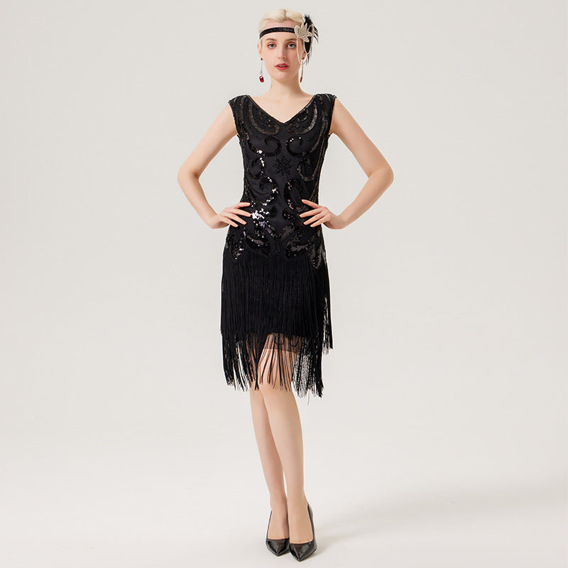 1920er Pailletten-Perlen-Fransenkleid Retro 1920er Jahre Stil Charleston Kleid klassische Motto Party Damen Kostüm Kleid