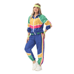 Damen Retro Vintage Hip-Hop Disco Cosplay Kostüm Jacke Hose Stirnband Sprotwear Outfits 70er 80er Jahre