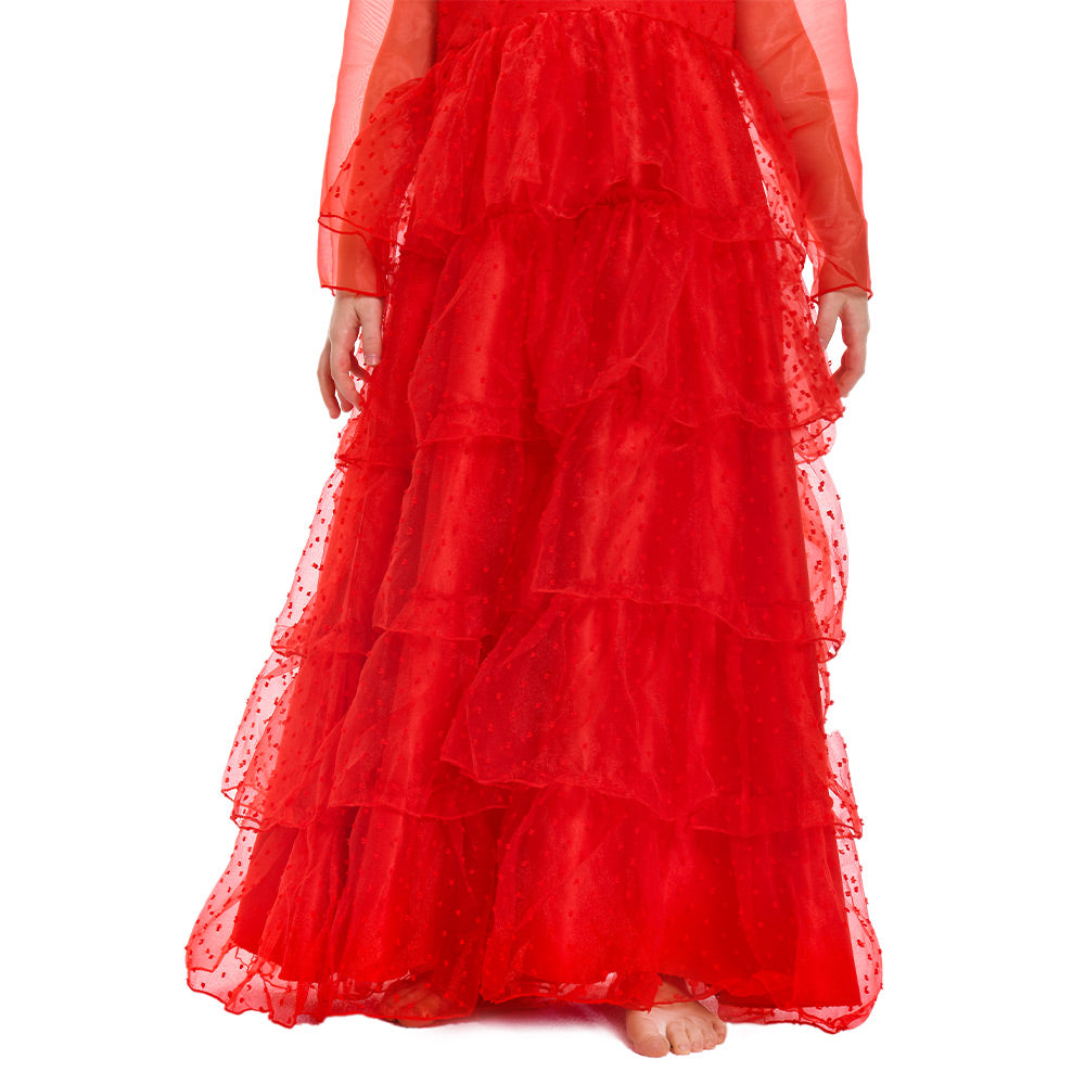 Kinder Mädchen Beetle Juice Lydia Kostüm Rot Brautkleid Halloween Karneval Kleid