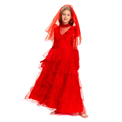 Kinder Mädchen Beetle Juice Lydia Kostüm Rot Brautkleid Halloween Karneval Kleid