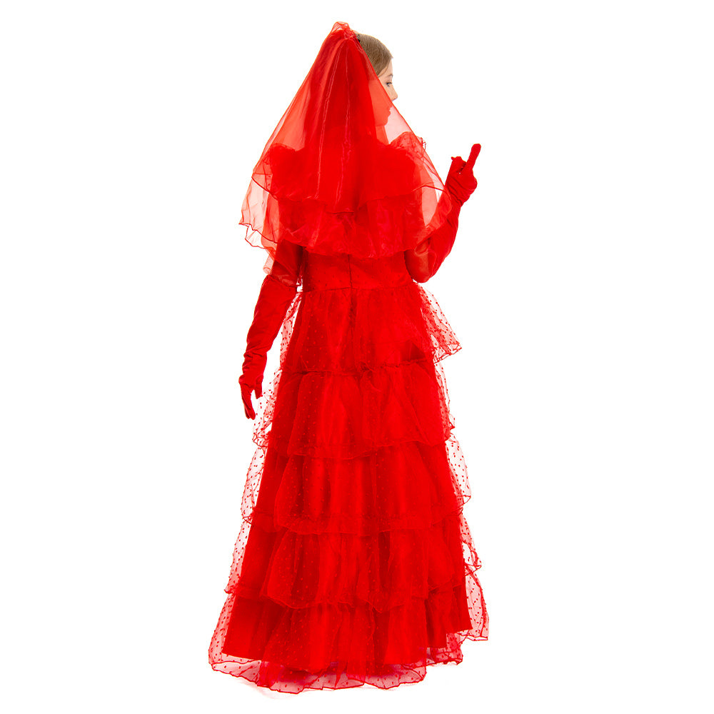 Kinder Mädchen Beetle Juice Lydia Kostüm Rot Brautkleid Halloween Karneval Kleid