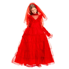 Kinder Mädchen Beetle Juice Lydia Kostüm Rot Brautkleid Halloween Karneval Kleid