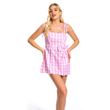 2023 Barbie, Margot Robbie Barbie rosa Sommer Kleid mit Gitter Muster Cosplay Kostüm