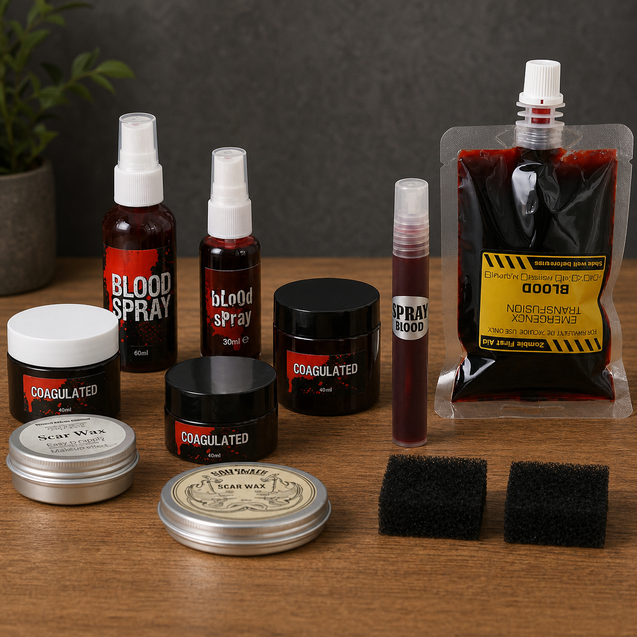 Halloween Kunstblut-Set – Realistisches Blutgel, Sprühblut & Narbenwachs mit Schwamm, abwaschbares SFX-Make-up für Cosplay, Zombie & Vampir