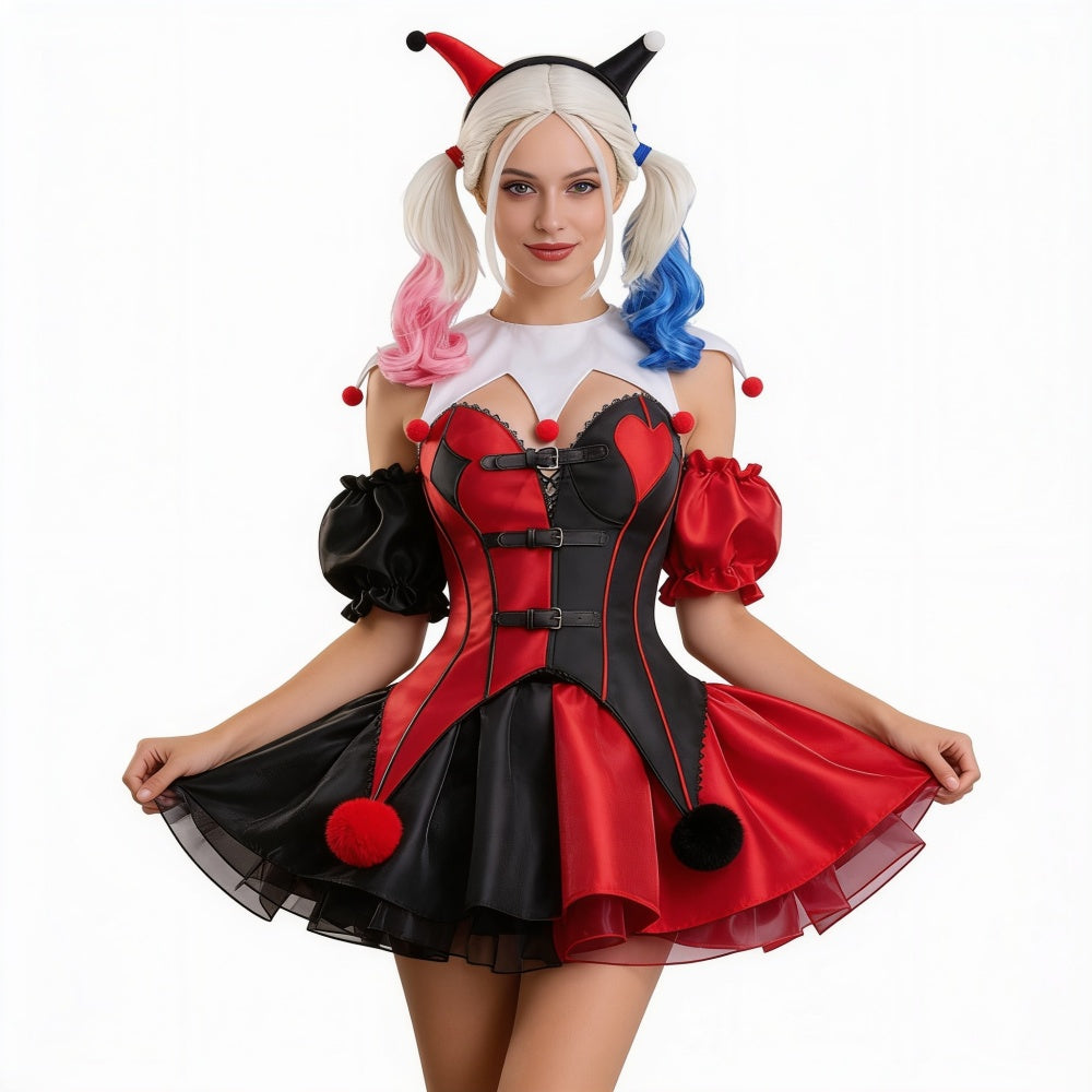 Harley Quinn rot Kleid Damen Clown Halloween Karneval Kostüm