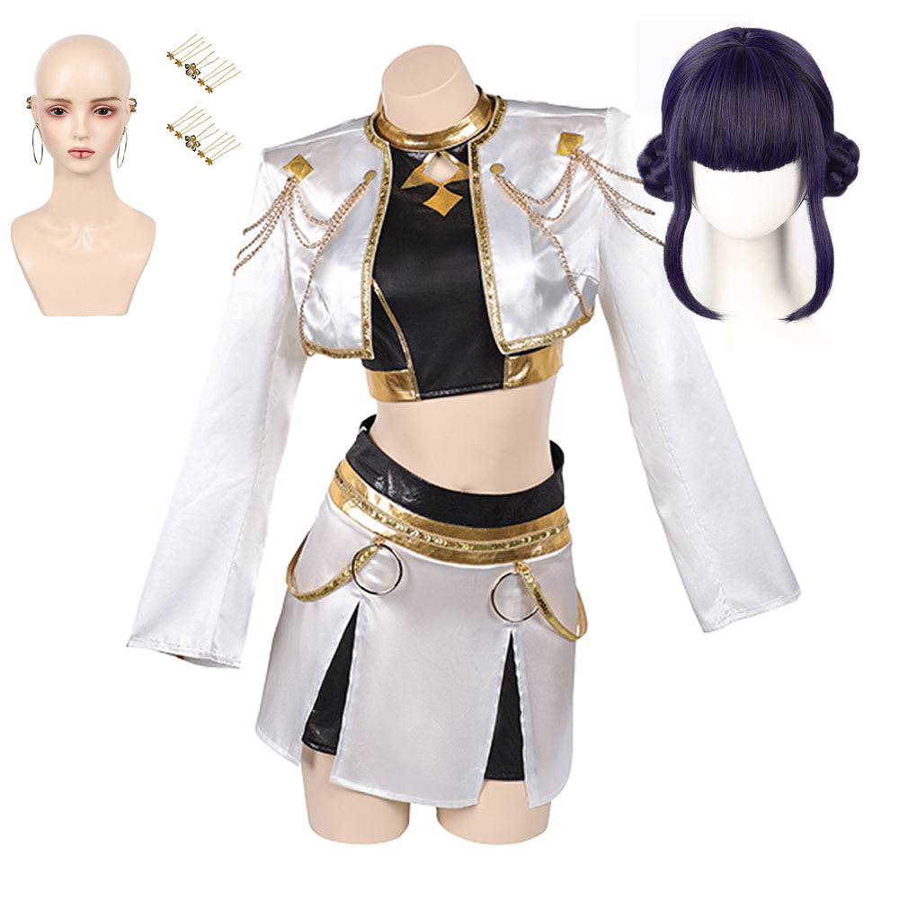 Huntix Golden Zoey weiß Kostüm KPOP Demon Hunters Zoey Cosplay Outfits Perücke Kopfschmuck