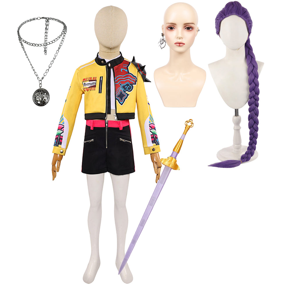 Huntrix Rumi Kinder K-Pop: Demon Hunters Rumi gelb Cosplay Outfits Ohrringe Halskette Perücke