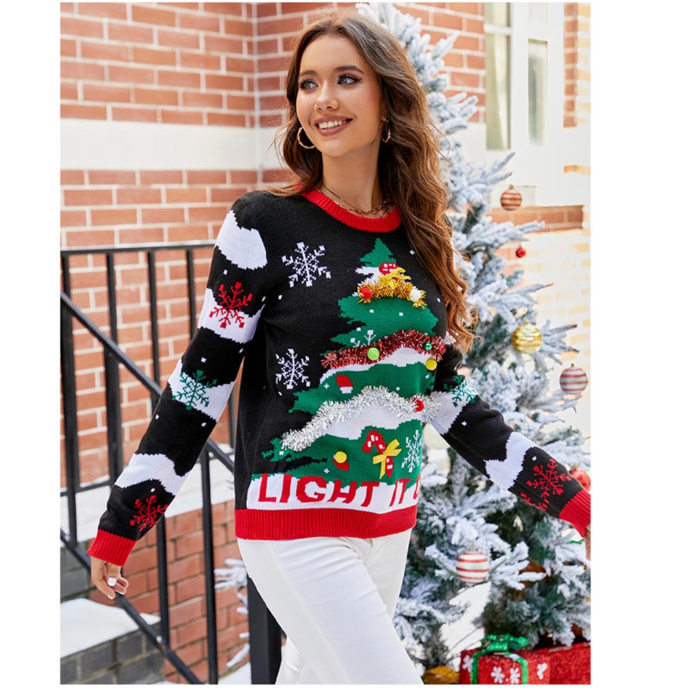 Damen 2024 Weihnachten Pullover Weihnachtsbaum Print Pullover Cosplay Kostüm Outfits Halloween Karneval Anzug