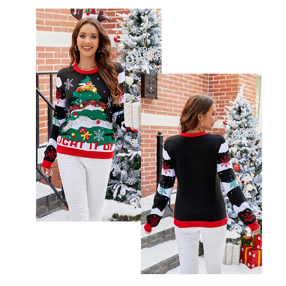 Damen 2024 Weihnachten Pullover Weihnachtsbaum Print Pullover Cosplay Kostüm Outfits Halloween Karneval Anzug