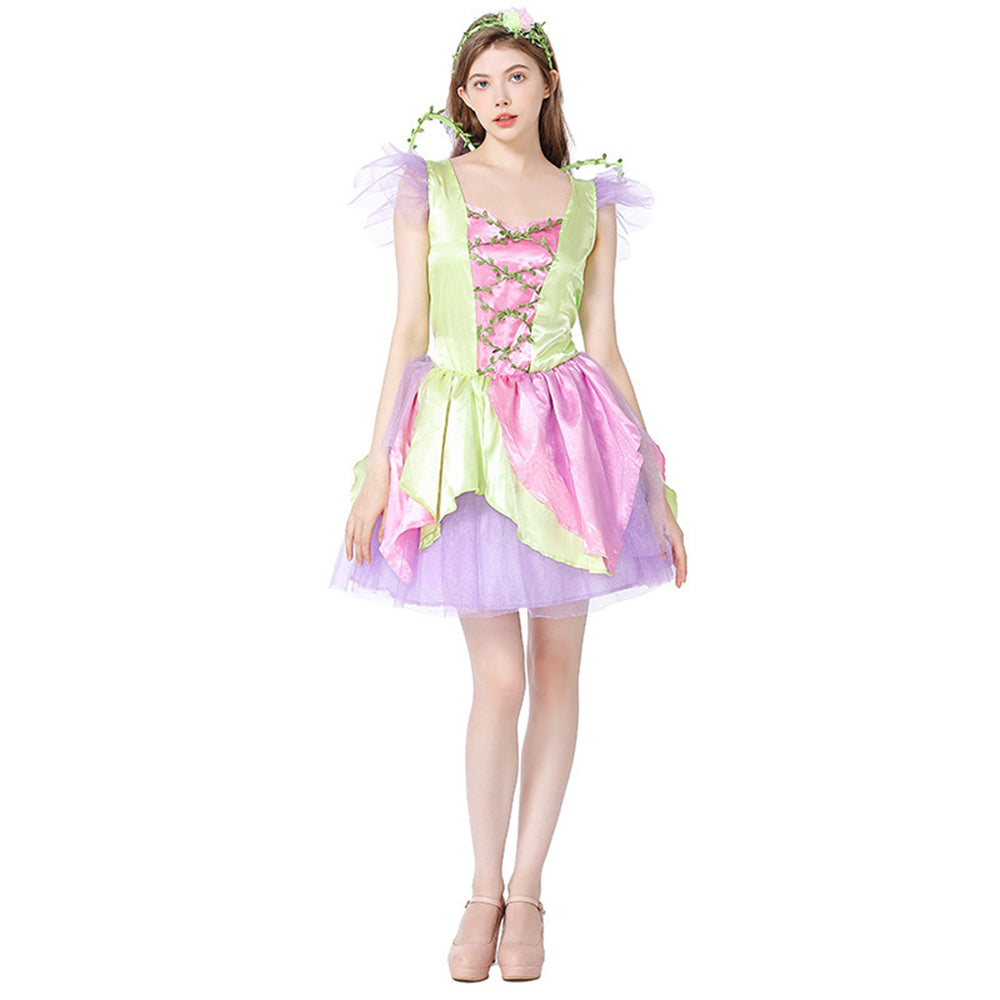 Damen Cosplay Kostüm Outfits Halloween Karneval Anzug Grün Elf Blume Fee