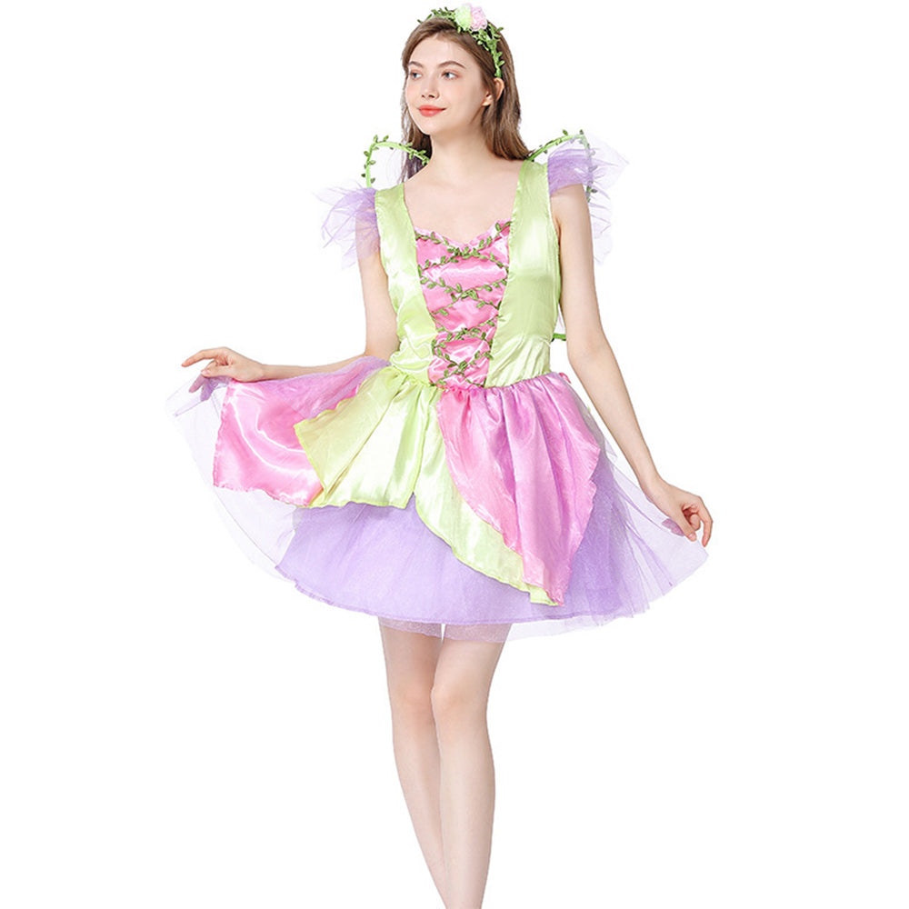 Damen Cosplay Kostüm Outfits Halloween Karneval Anzug Grün Elf Blume Fee