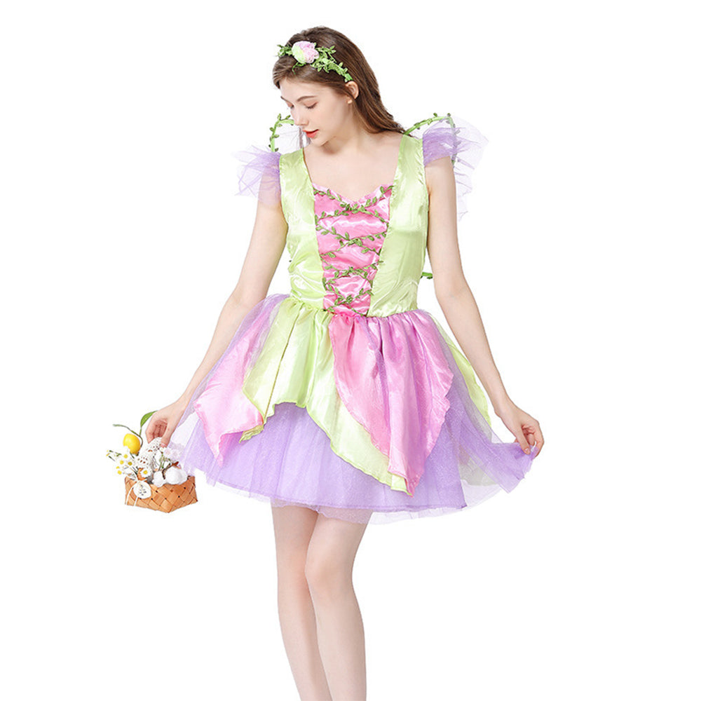 Damen Cosplay Kostüm Outfits Halloween Karneval Anzug Grün Elf Blume Fee