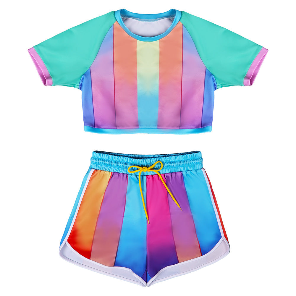 Damen Cosplay Kostüm Outfits Halloween Karneval Anzug Sport Trainingsanzüge Regenbogen 2-tlg