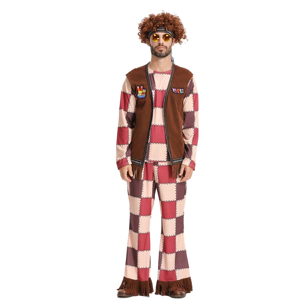 Herren Cosplay Kostüm Outfits Halloween Karneval Anzug Erwachsene Set Quadrat kariert Hippie