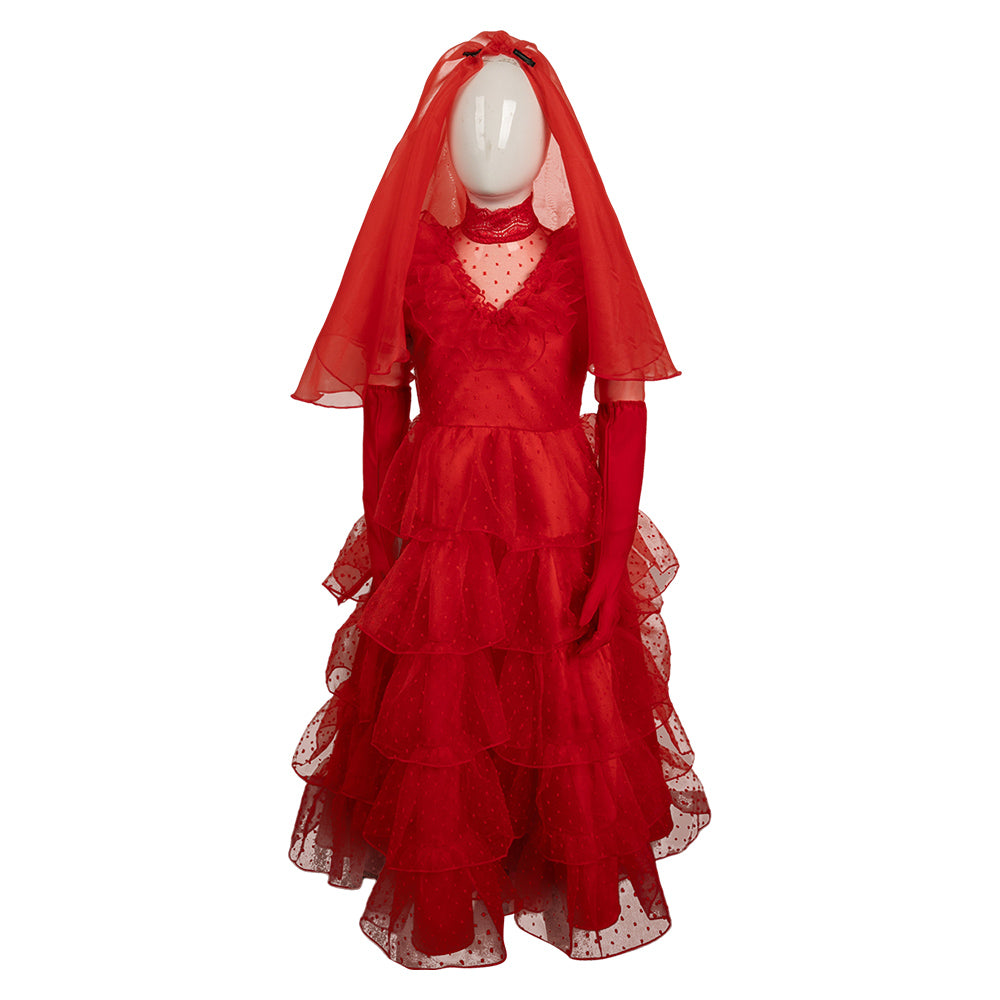 Kinder Mädchen Beetle Juice Lydia Kostüm Rot Brautkleid Halloween Karneval Kleid