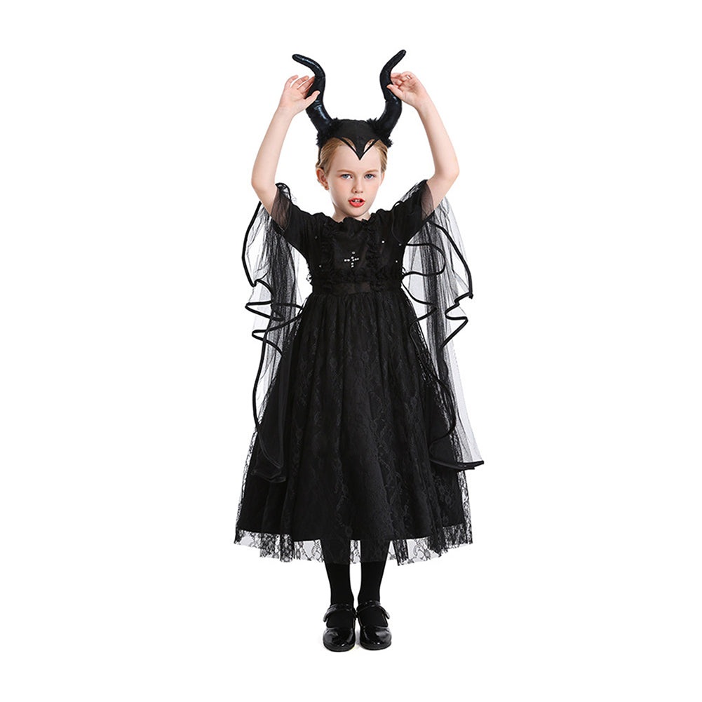 Kinder Mädchen Bullhorn Stirnband Hexe Schwarzes Kleid Dunkle kleine Hexe Cosplay Kostüm Outfits Halloween Karneval Anzug