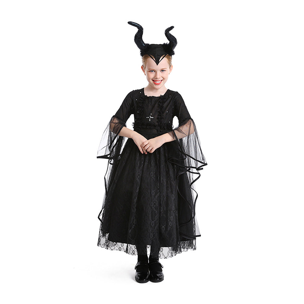 Kinder Mädchen Bullhorn Stirnband Hexe Schwarzes Kleid Dunkle kleine Hexe Cosplay Kostüm Outfits Halloween Karneval Anzug