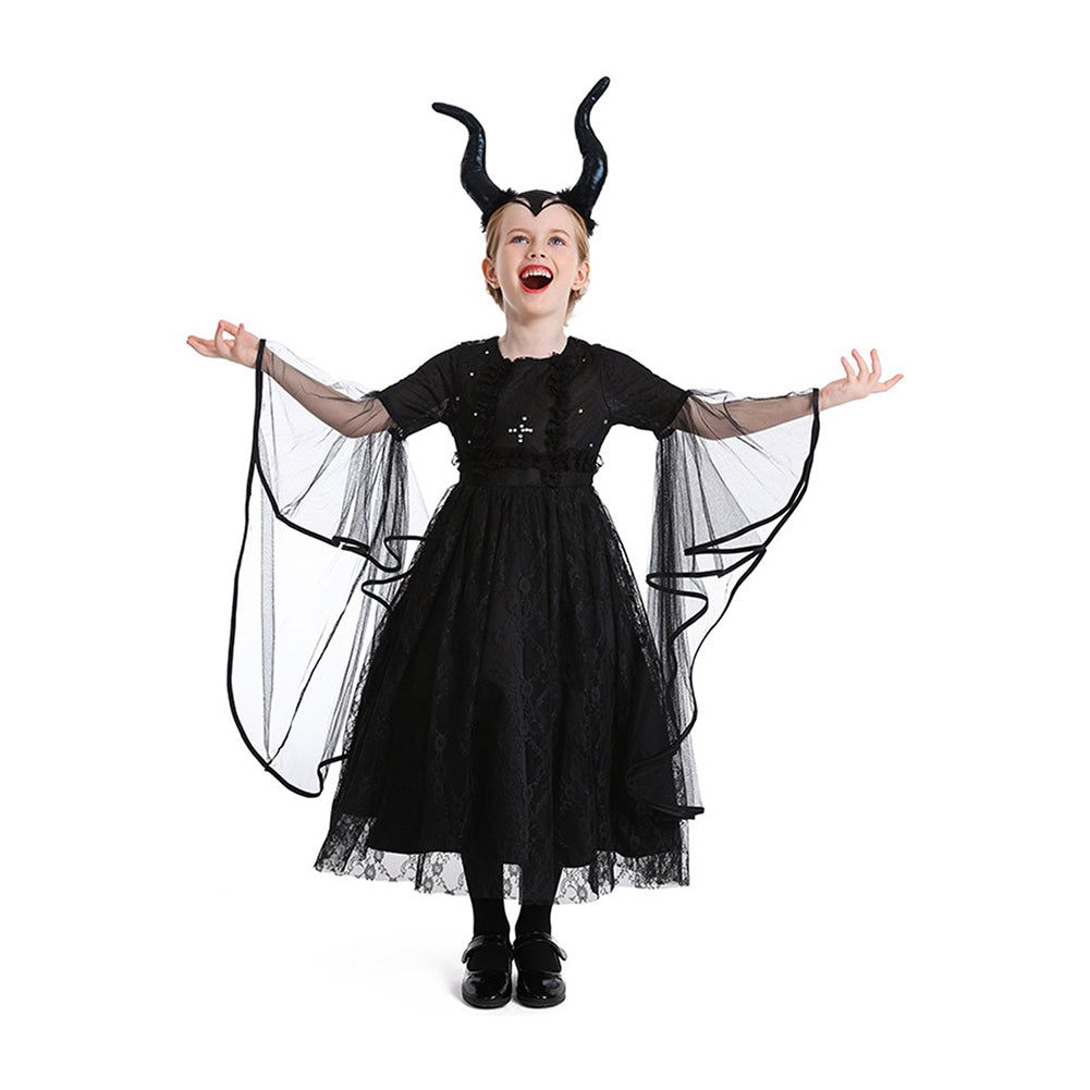 Kinder Mädchen Bullhorn Stirnband Hexe Schwarzes Kleid Dunkle kleine Hexe Cosplay Kostüm Outfits Halloween Karneval Anzug