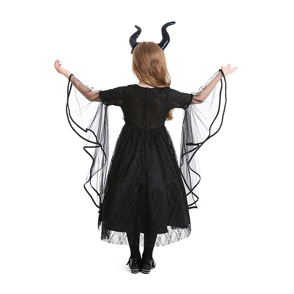 Kinder Mädchen Bullhorn Stirnband Hexe Schwarzes Kleid Dunkle kleine Hexe Cosplay Kostüm Outfits Halloween Karneval Anzug