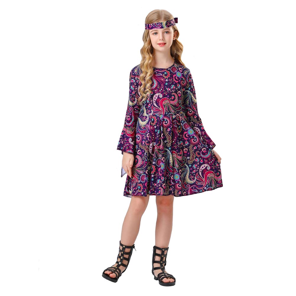 Kinder Mädchen Kleid 70er Jahre Retro Disco Hippie Tanz Kostüm Cosplay Kostüm Outfits Halloween Karneval Anzug