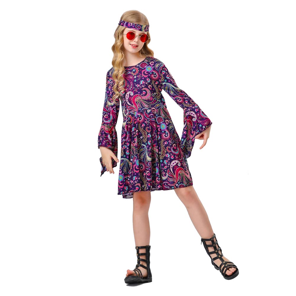 Kinder Mädchen Kleid 70er Jahre Retro Disco Hippie Tanz Kostüm Cosplay Kostüm Outfits Halloween Karneval Anzug