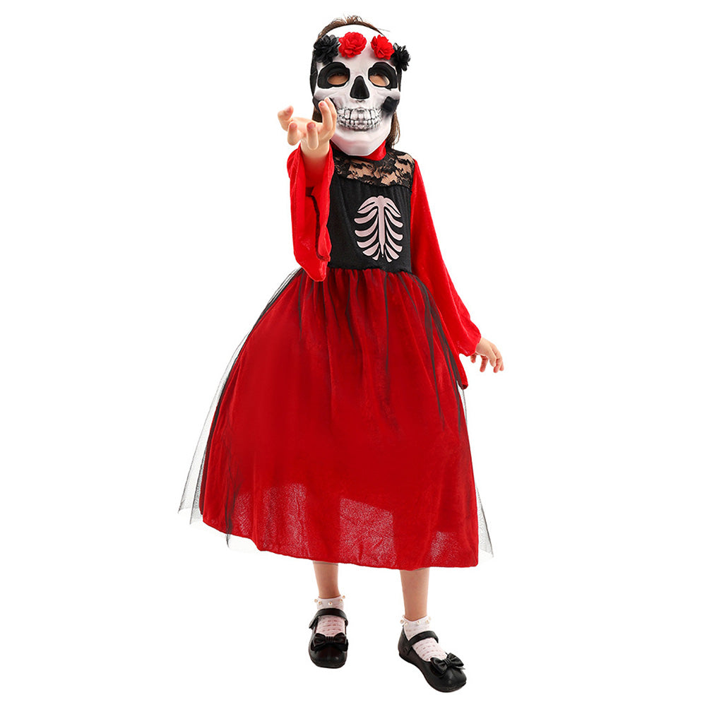 Kinder Mädchen Kleid Cosplay Kostüm Outfits Halloween Karneval Anzug Halloween Tag der Toten Skelett Maske