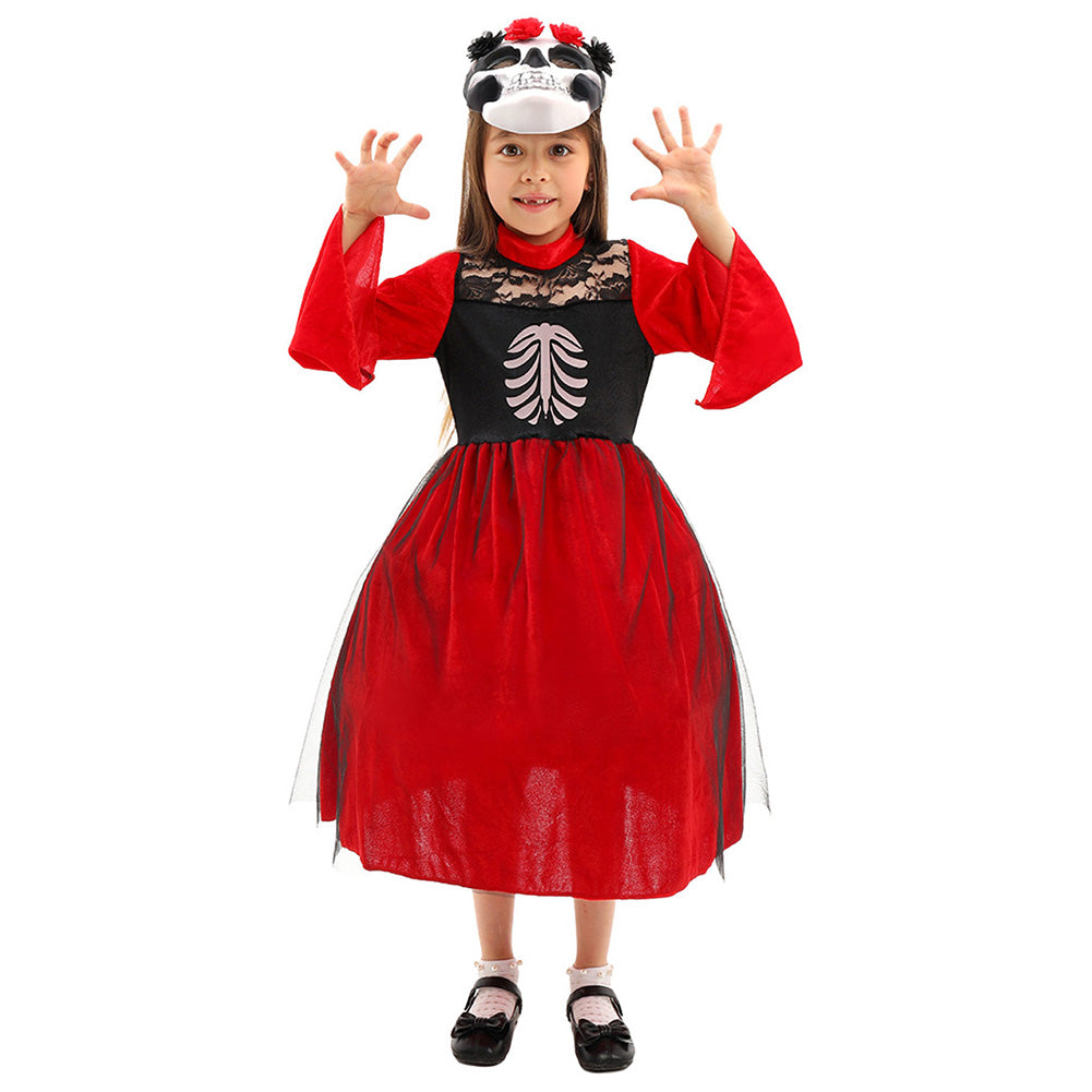 Kinder Mädchen Kleid Cosplay Kostüm Outfits Halloween Karneval Anzug Halloween Tag der Toten Skelett Maske