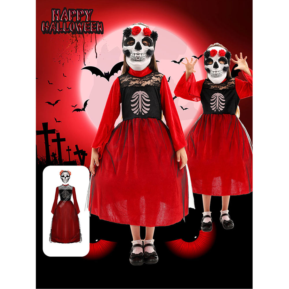 Kinder Mädchen Kleid Cosplay Kostüm Outfits Halloween Karneval Anzug Halloween Tag der Toten Skelett Maske