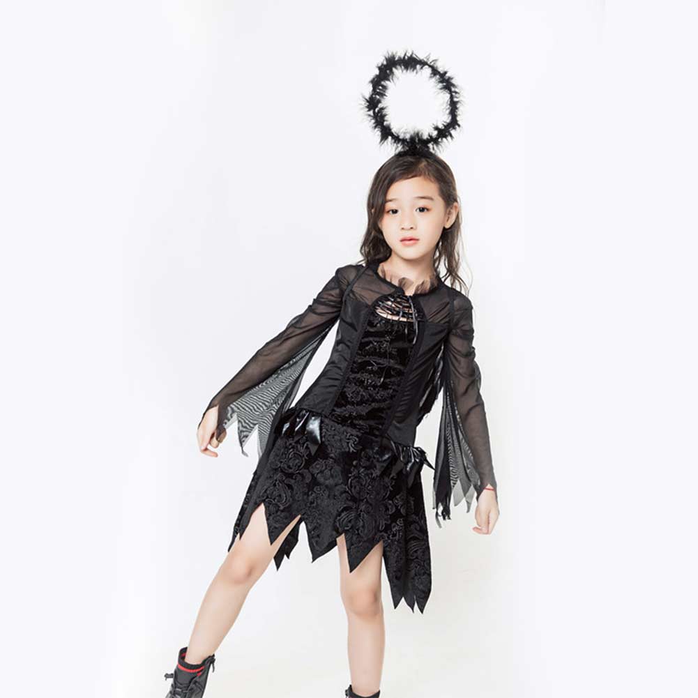 Kinder Mädchen Kleid Cosplay Kostüm Outfits Halloween Karneval Anzug Schwarz Engel Horror Hexe Teufel Vampir