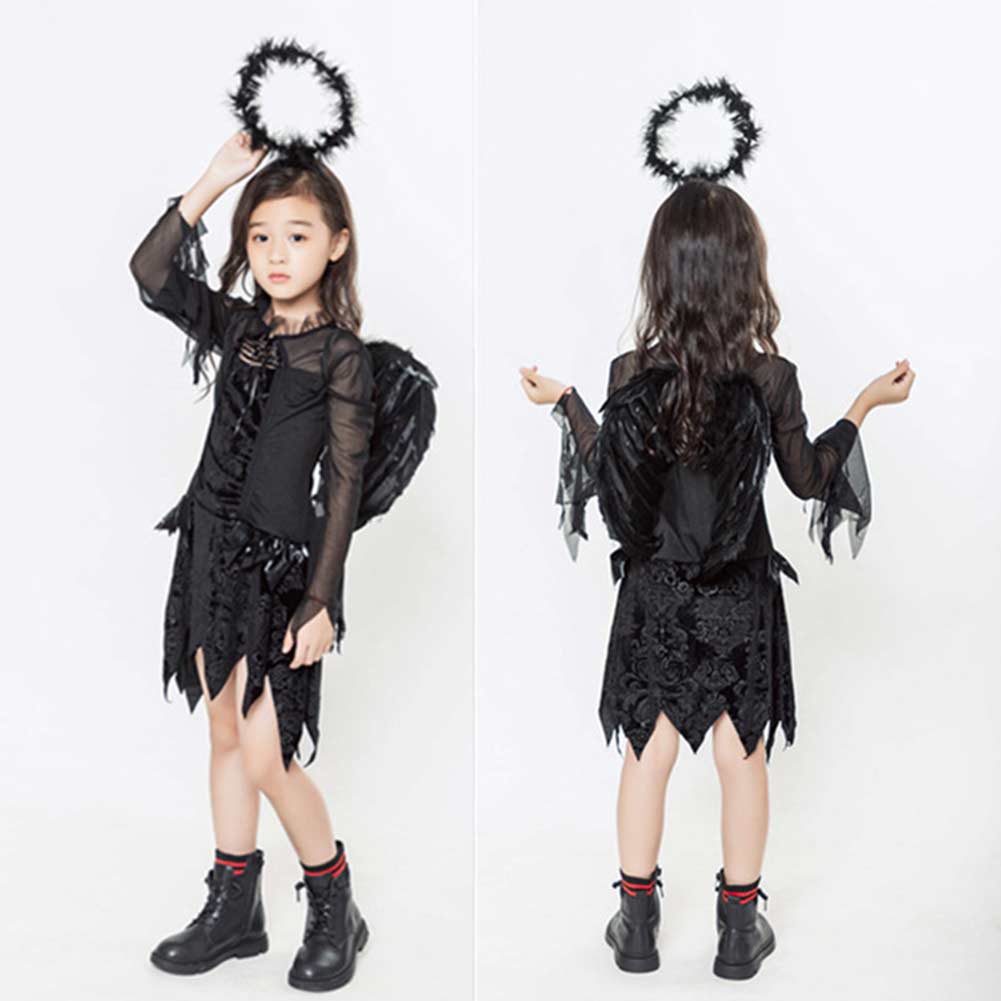 Kinder Mädchen Kleid Cosplay Kostüm Outfits Halloween Karneval Anzug Schwarz Engel Horror Hexe Teufel Vampir