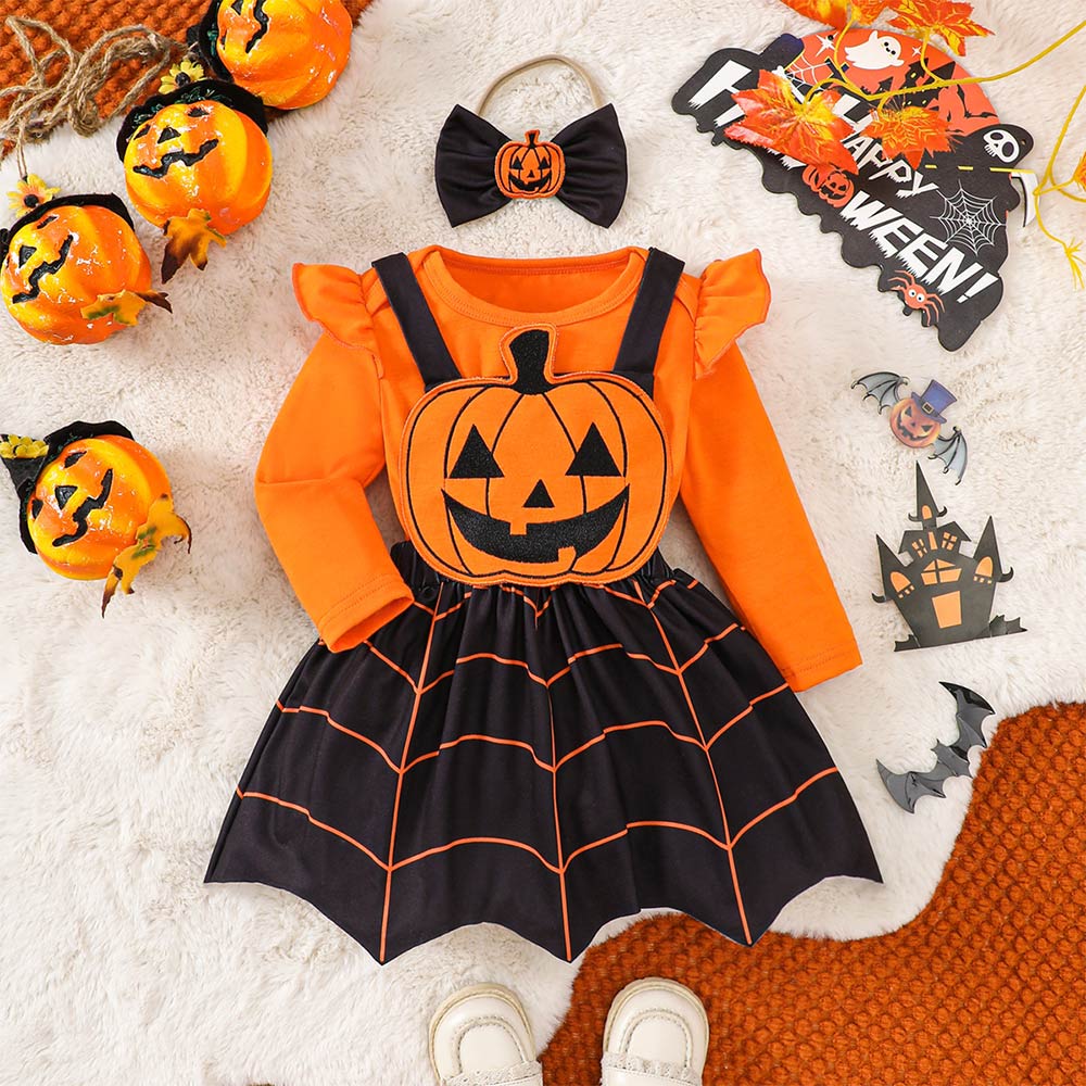 Kinder Mädchen Kürbis Kleid Geist Gesicht Riemen Rock Cosplay Kostüm Outfits Halloween Karneval Anzug