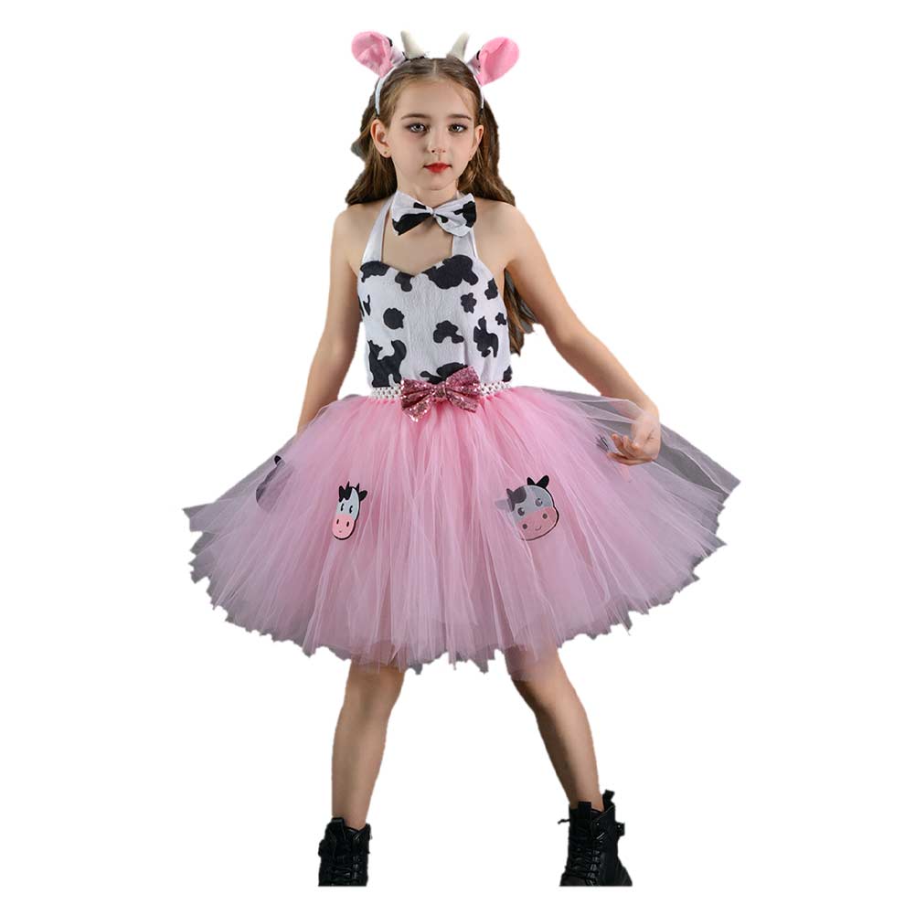 Kinder Mädchen Tutu Kleid Rosa Kuh Bild Rock Mesh Cosplay Kostüm Outfits Halloween Karneval Anzug