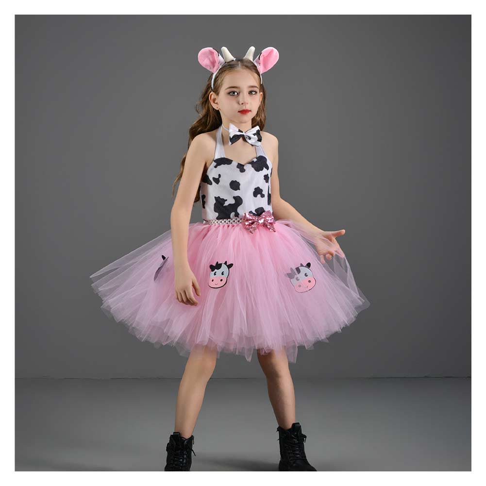 Kinder Mädchen Tutu Kleid Rosa Kuh Bild Rock Mesh Cosplay Kostüm Outfits Halloween Karneval Anzug