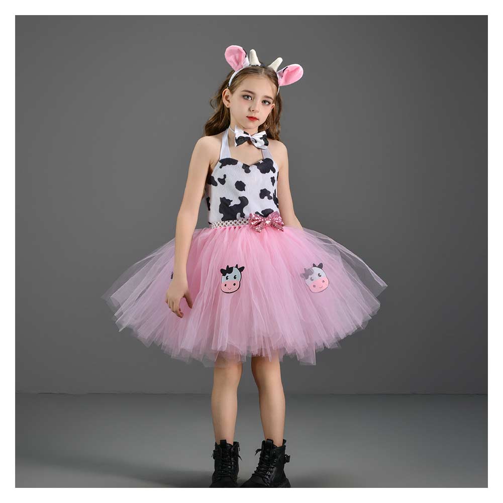 Kinder Mädchen Tutu Kleid Rosa Kuh Bild Rock Mesh Cosplay Kostüm Outfits Halloween Karneval Anzug