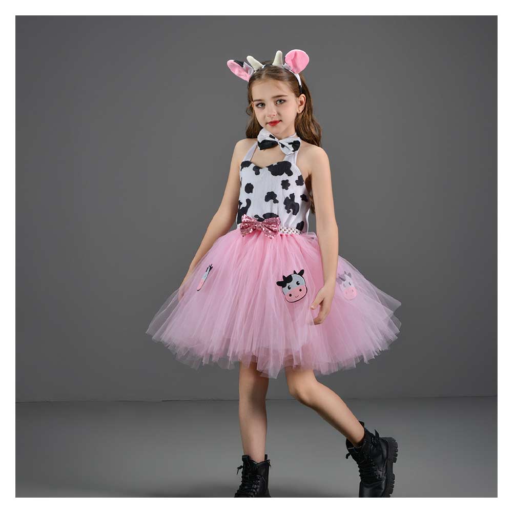 Kinder Mädchen Tutu Kleid Rosa Kuh Bild Rock Mesh Cosplay Kostüm Outfits Halloween Karneval Anzug