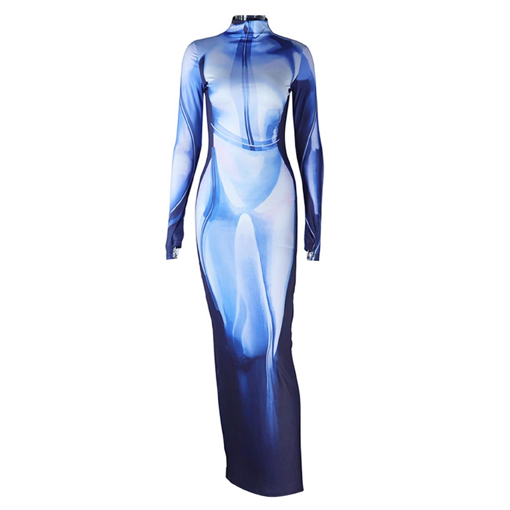 Körperdruck Kleid Langärmliges Stretchiges Midikleid Y2k 3D Körperdruck Maxikleid Cosplay Kostüm Outfits Halloween Karneval Anzug