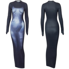 Y2k 3D Körperdruck Maxikleid Cosplay Kostüm Outfits Halloween Karneval Anzug Körperdruck Kleid Lange Ärmel Stretchy Midi Kleid