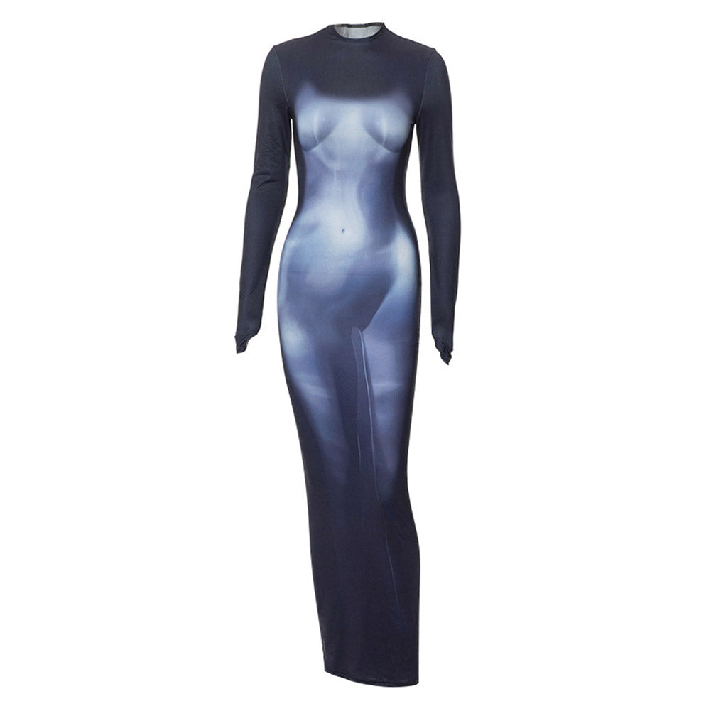 Y2k 3D Körperdruck Maxikleid Cosplay Kostüm Outfits Halloween Karneval Anzug Körperdruck Kleid Lange Ärmel Stretchy Midi Kleid