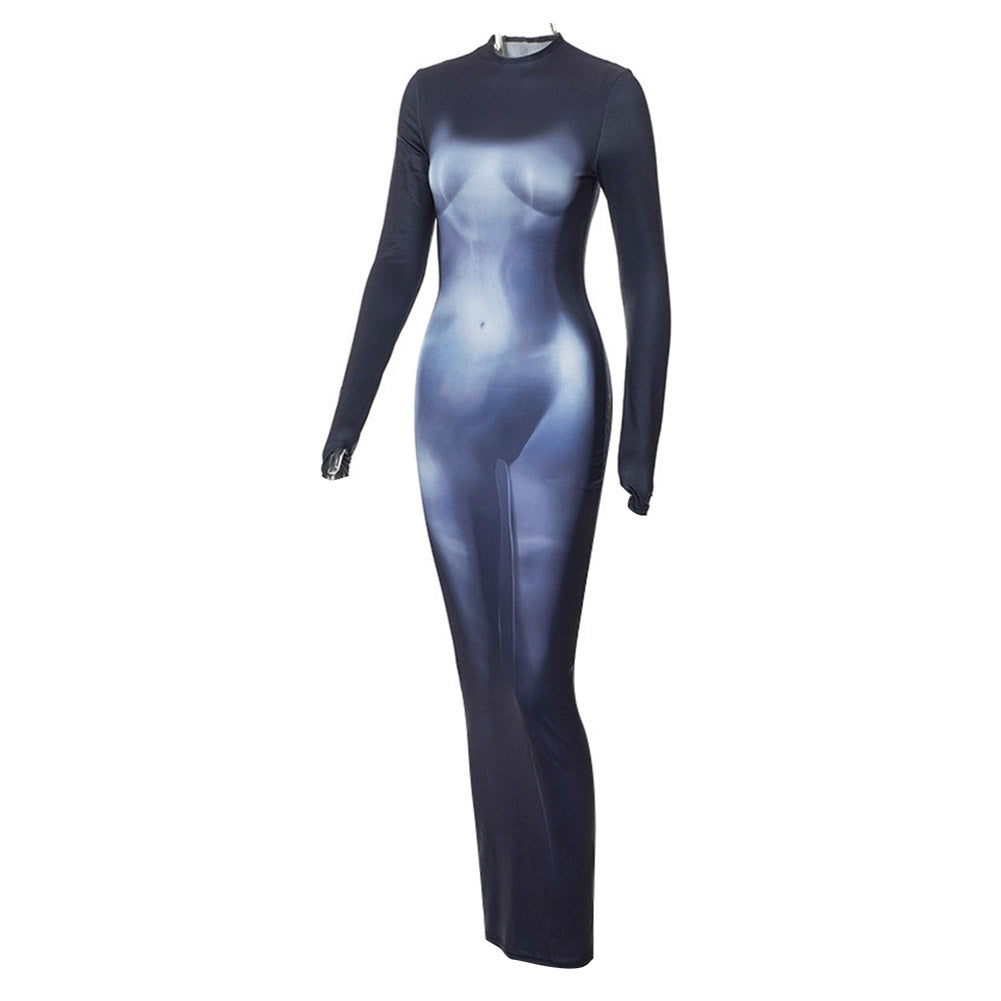 Y2k 3D Körperdruck Maxikleid Cosplay Kostüm Outfits Halloween Karneval Anzug Körperdruck Kleid Lange Ärmel Stretchy Midi Kleid