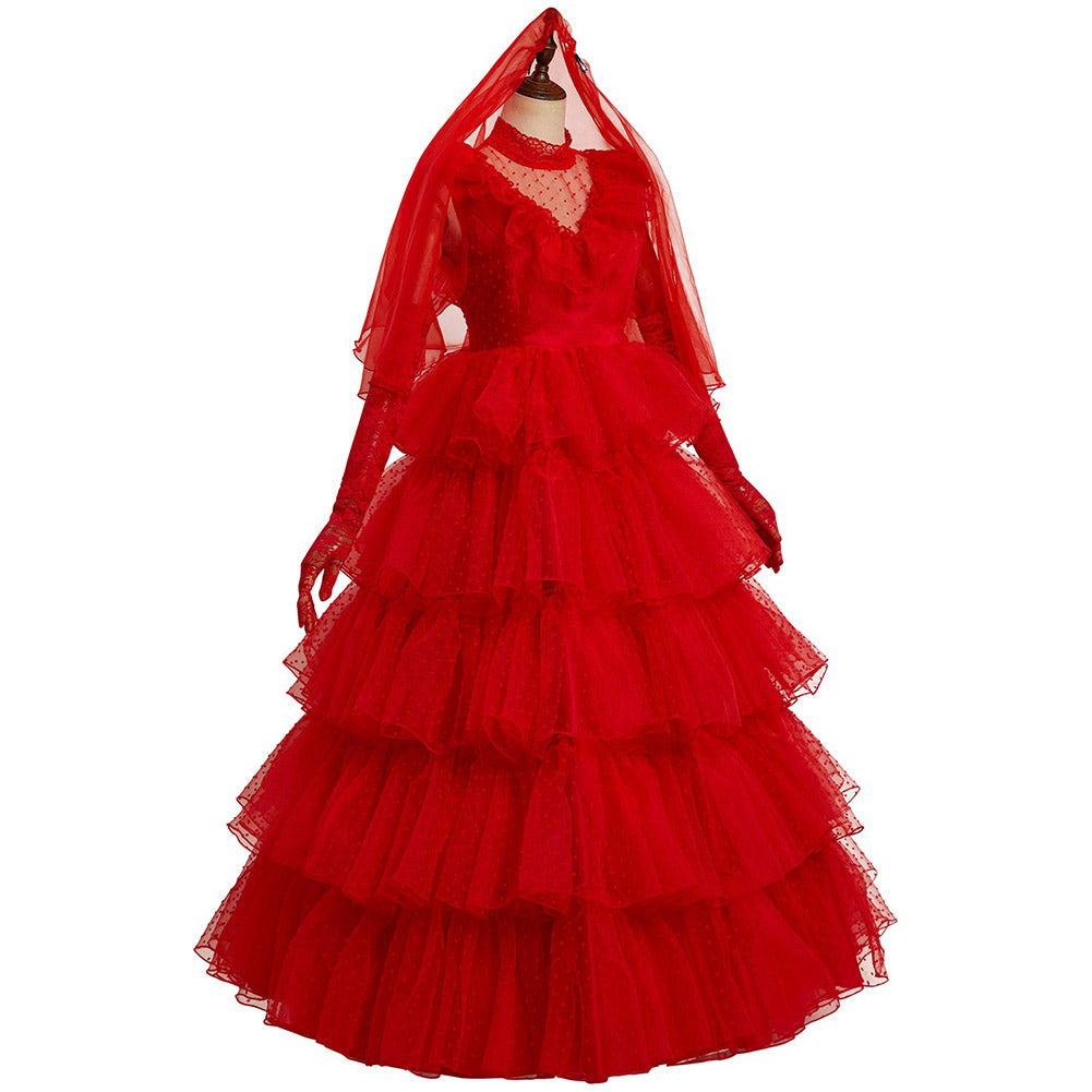 Beetle Juice Lydia Cosplay Kostüm Rot Brautkleid Halloween Karneval Kleid