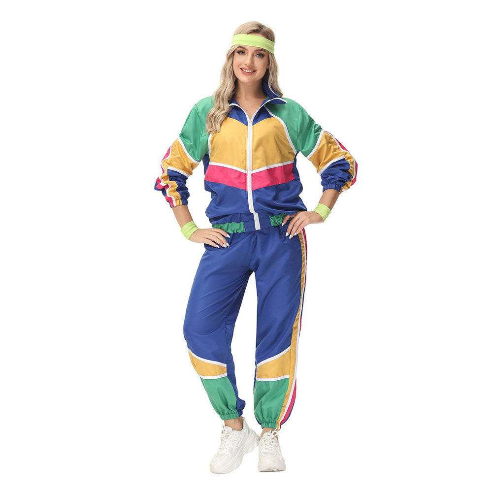 Damen Retro Vintage Hip-Hop Disco Cosplay Kostüm Jacke Hose Stirnband Sprotwear Outfits 70er 80er Jahre