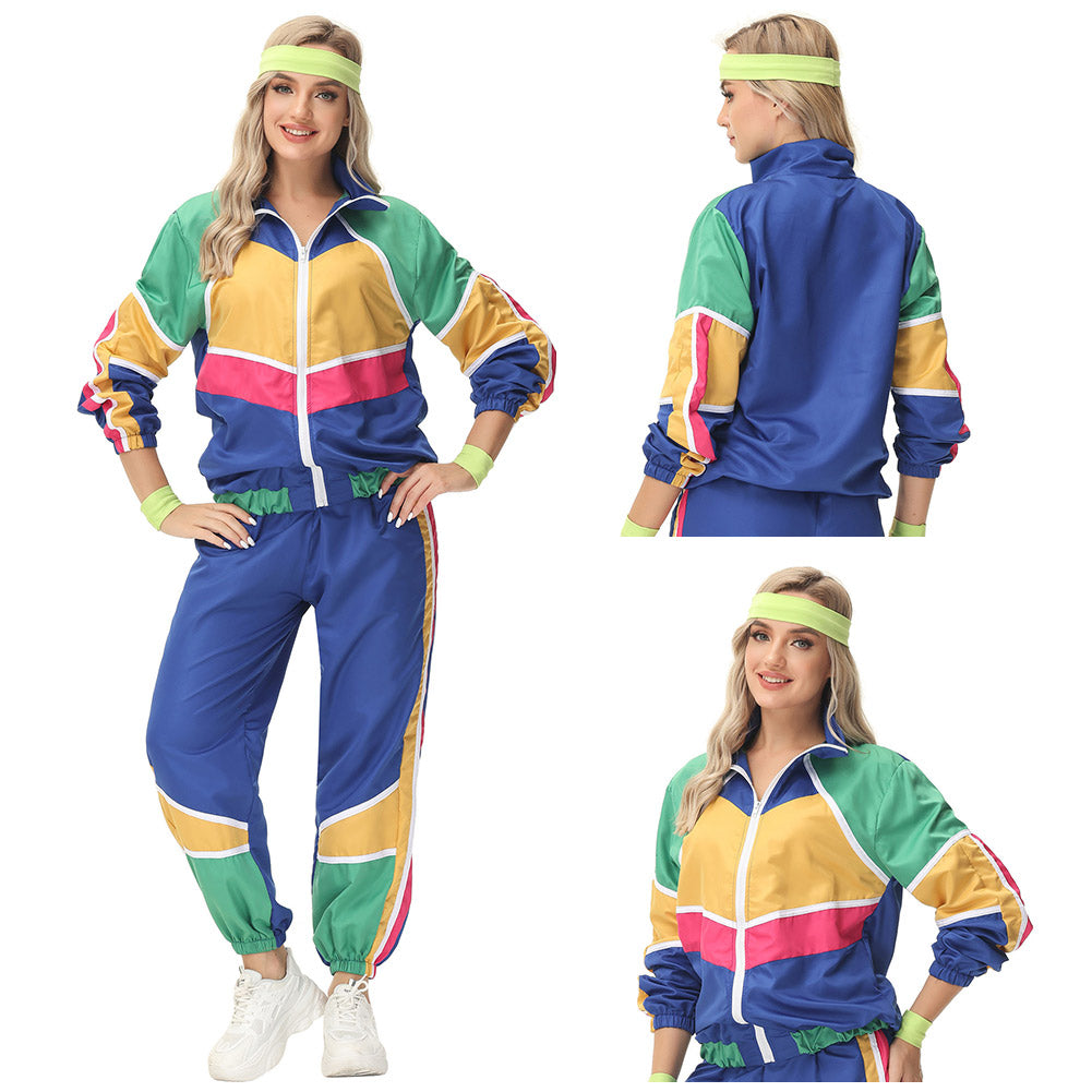 Damen Retro Vintage Hip-Hop Disco Cosplay Kostüm Jacke Hose Stirnband Sprotwear Outfits 70er 80er Jahre